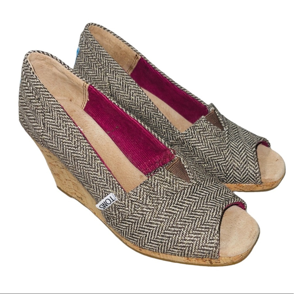 Toms Brown Metallic Herringbone Wedge
